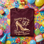 Stepping Into My 50th Birthday Shirt Women, 50th Birthday Queen Gift for Her, Fabulous Fifty Gold Heel Tee, Glam Birthday Party Outfit