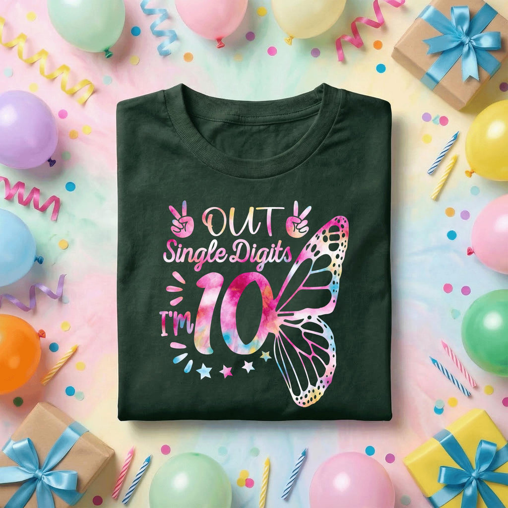 Out Single Digits I'm 10 Birthday Shirt Girls, 10th Birthday Girl Gift, Cute Butterfly Birthday Tee, Double Digits Party Shirt for Kids