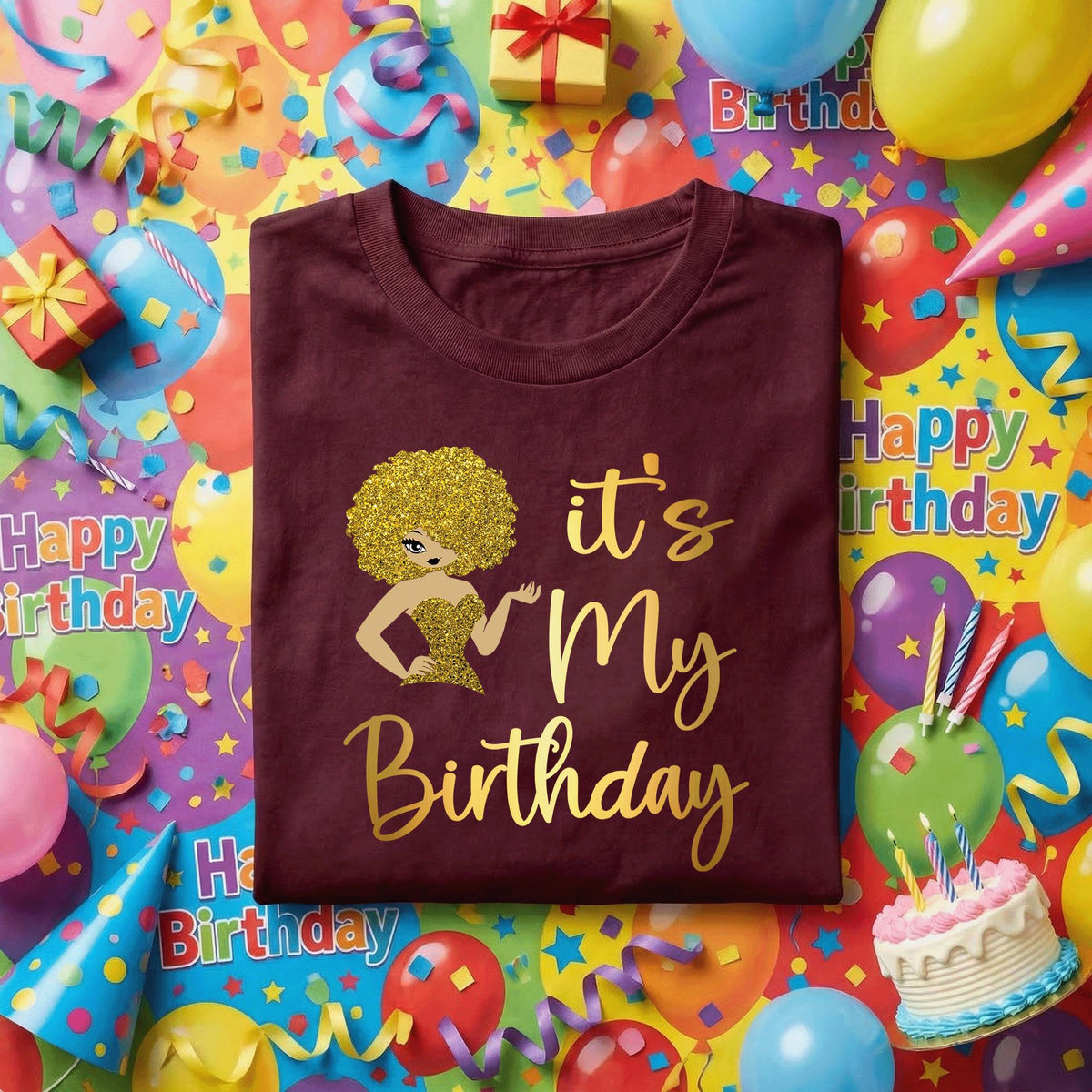It’s My Birthday Shirt, Black Girl Birthday Tee, Melanin Queen Birthday Outfit, Afro Diva Gold Glitter Design, Birthday Girl Gift Idea