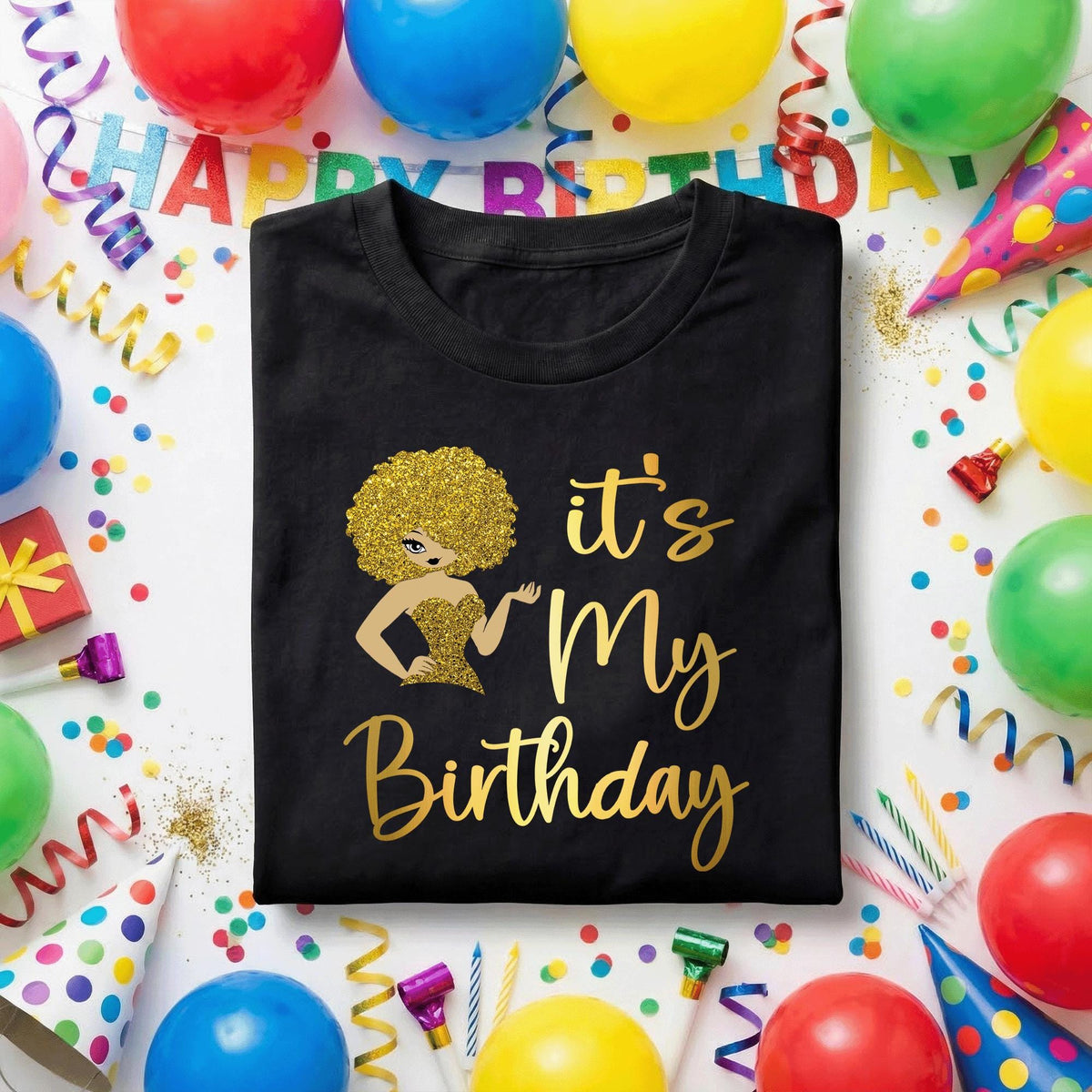 It’s My Birthday Shirt, Black Girl Birthday Tee, Melanin Queen Birthday Outfit, Afro Diva Gold Glitter Design, Birthday Girl Gift Idea