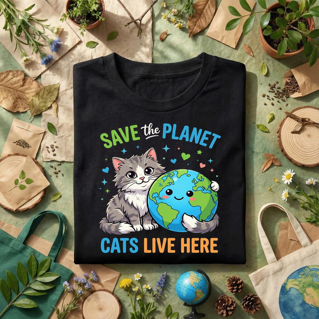 Save the Planet Cat Shirt Cute Cat Lover Earth Day Tee, Funny Eco Cat T-Shirt