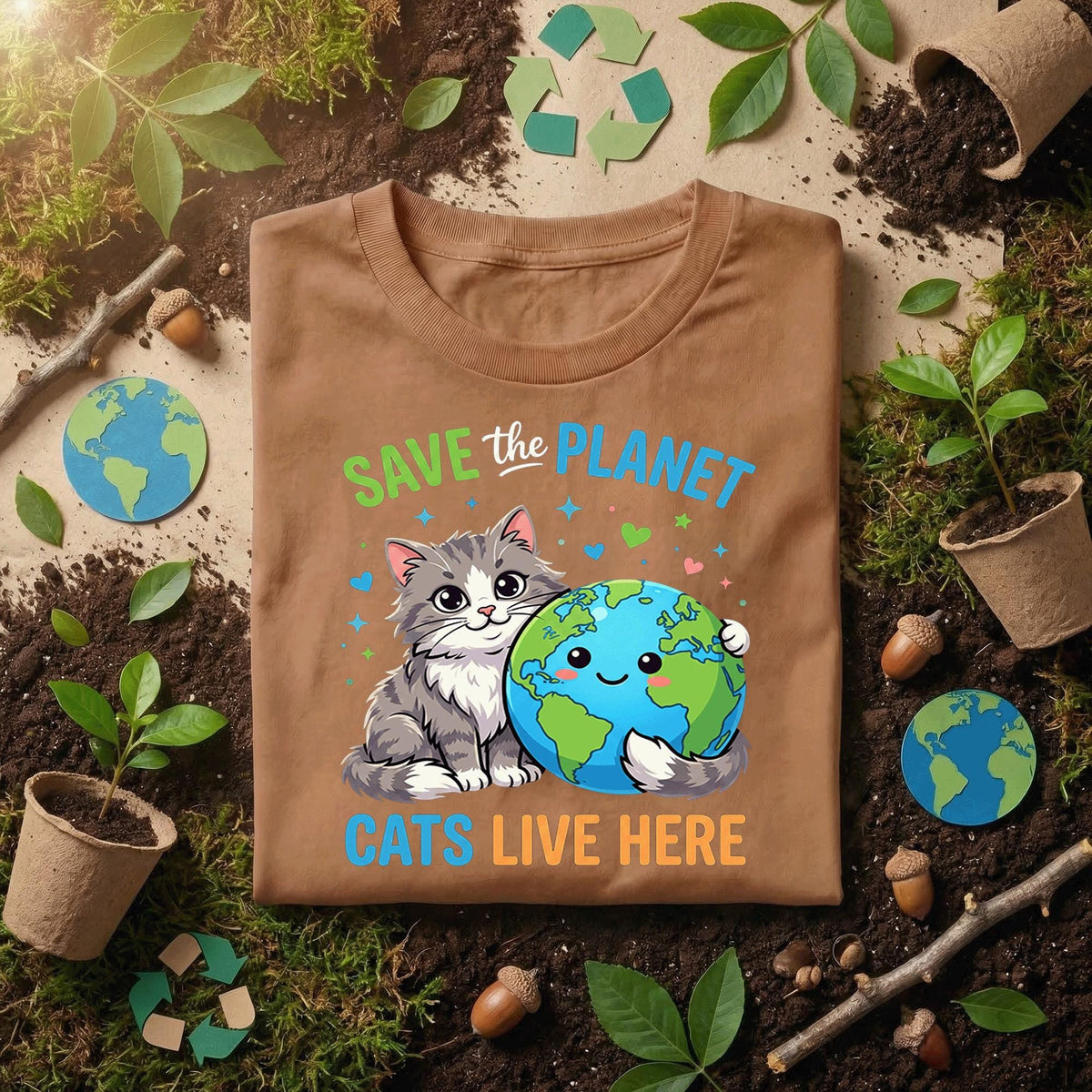 Save the Planet Cat Shirt Cute Cat Lover Earth Day Tee, Funny Eco Cat T-Shirt, Kawaii Kitten Planet, Animal Lover Gift Idea