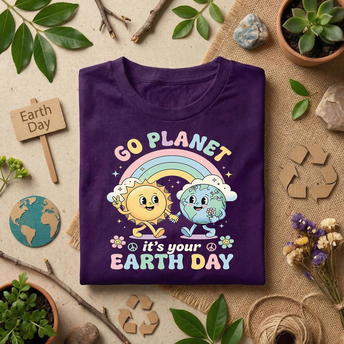 Go Planet It’s Your Earth Day Shirt Cute Sun Earth Rainbow Tee, Kawaii Earth Day Shirts, Kids Eco Friendly Shirt, Happy Planet Gift Idea