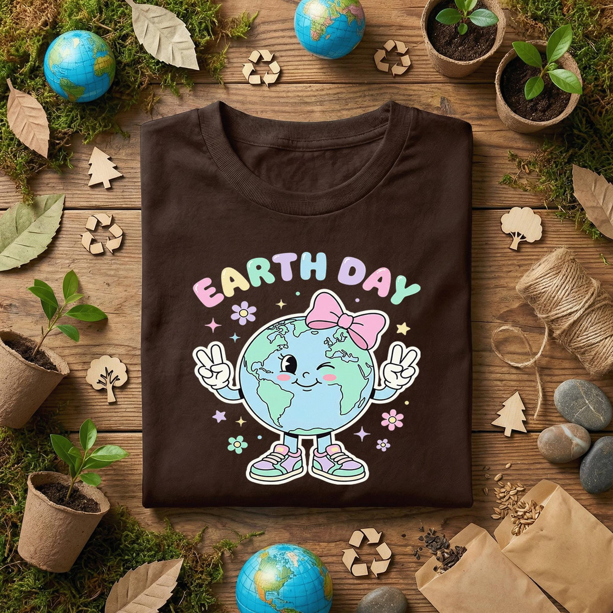 Cute Earth Day Girl Shirt Kawaii Planet with Bow Tee, Kids Earth Day Outfit, Pastel Earth T-Shirt, Eco Friendly Gift Idea