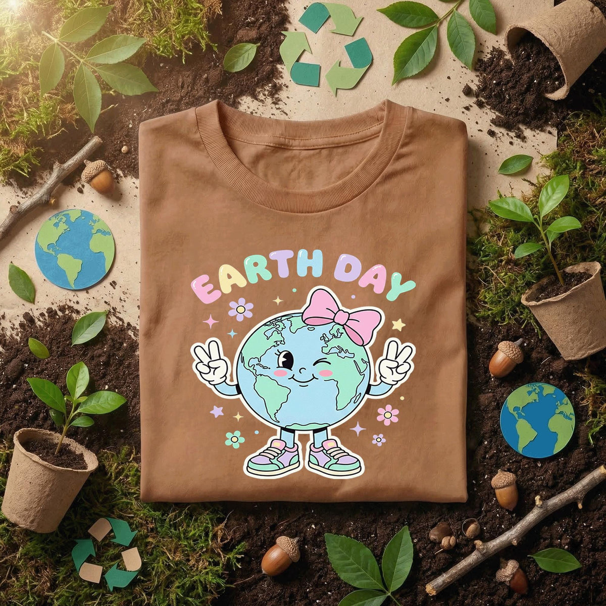 Cute Earth Day Girl Shirt Kawaii Planet with Bow Tee, Kids Earth Day Outfit, Pastel Earth T-Shirt, Eco Friendly Gift Idea