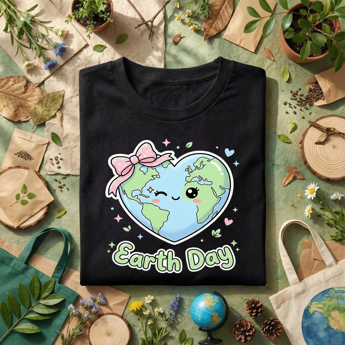 Cute Heart Earth Day Shirt Kawaii Planet with Bow Tee, Kids Earth Day Outfit, Girly Eco Friendly Shirt, Love Earth T-Shirt