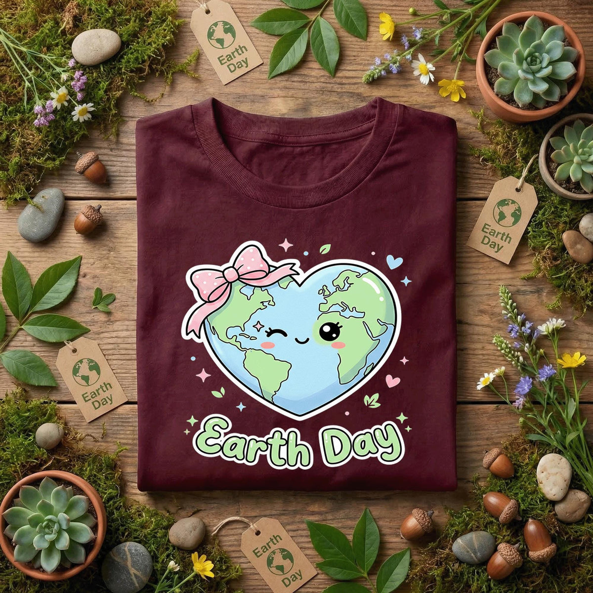 Cute Heart Earth Day Shirt Kawaii Planet with Bow Tee, Kids Earth Day Outfit, Girly Eco Friendly Shirt, Love Earth T-Shirt