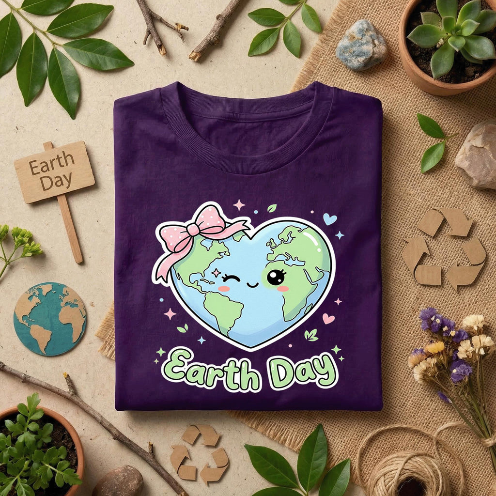 Cute Heart Earth Day Shirt Kawaii Planet with Bow Tee, Kids Earth Day Outfit, Girly Eco Friendly Shirt, Love Earth T-Shirt