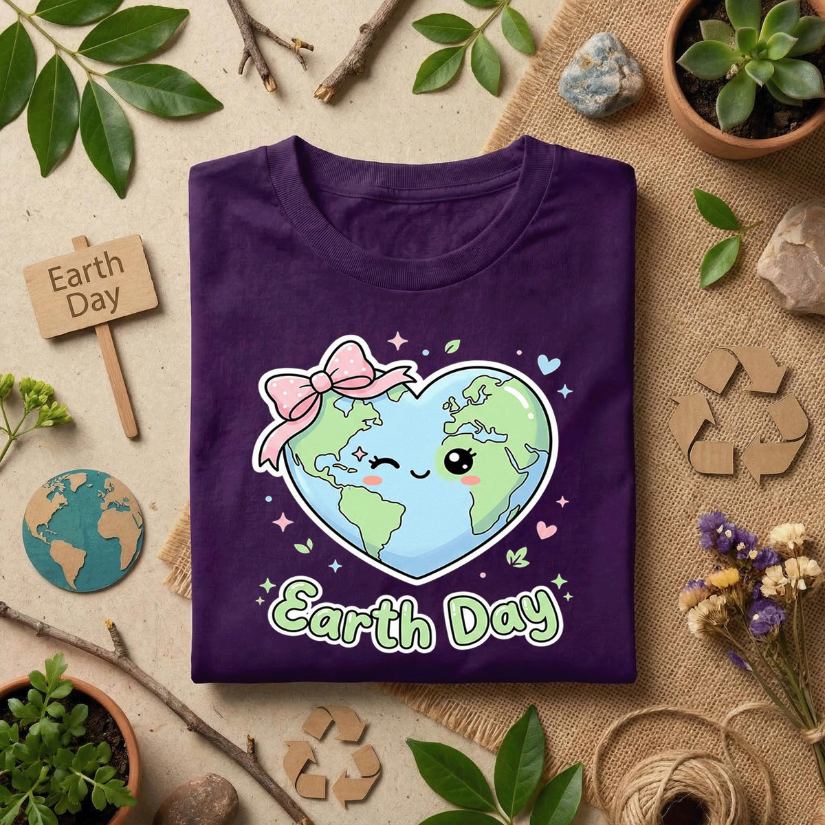 Cute Heart Earth Day Shirt Kawaii Planet with Bow Tee, Kids Earth Day Outfit, Girly Eco Friendly Shirt, Love Earth T-Shirt