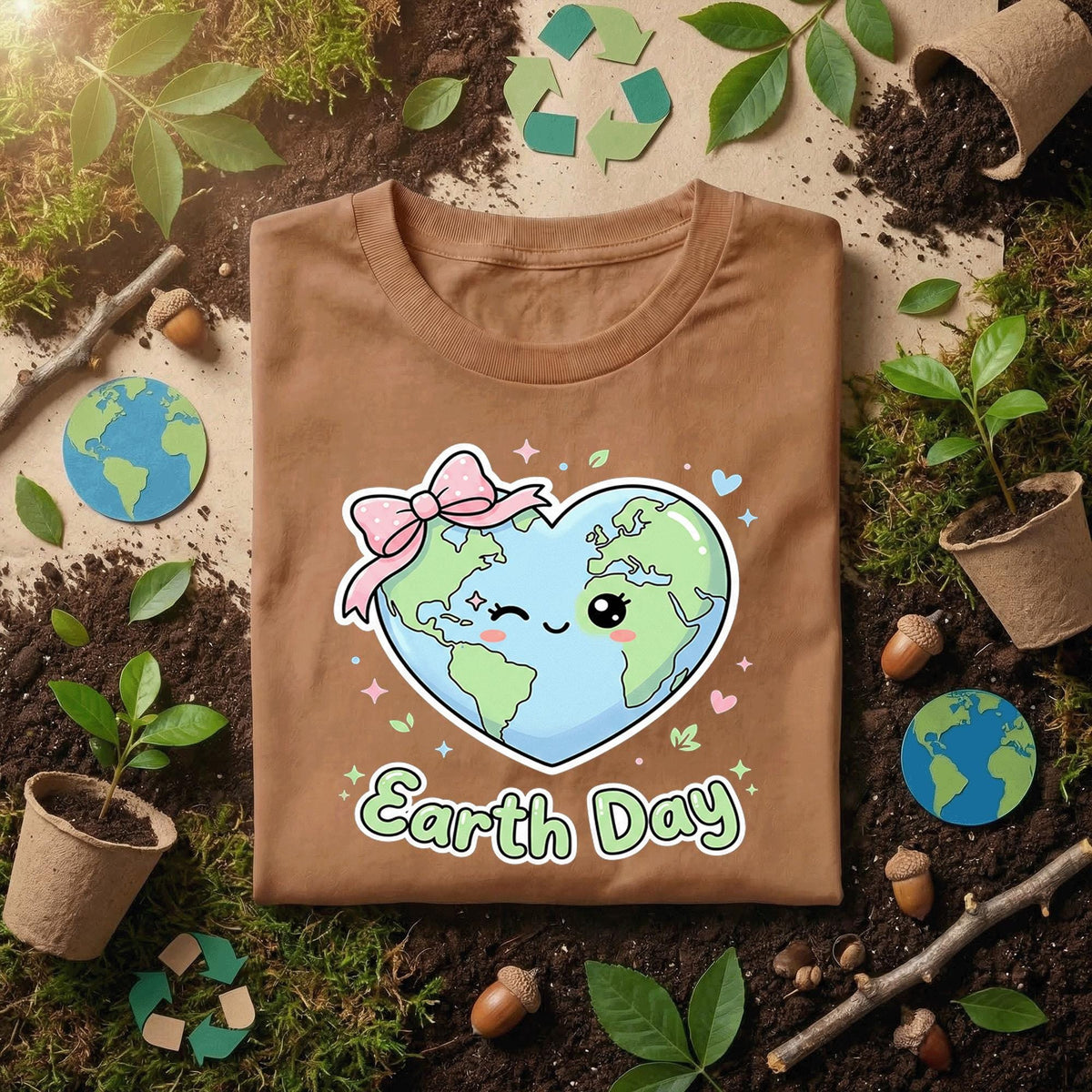 Cute Heart Earth Day Shirt Kawaii Planet with Bow Tee, Kids Earth Day Outfit, Girly Eco Friendly Shirt, Love Earth T-Shirt