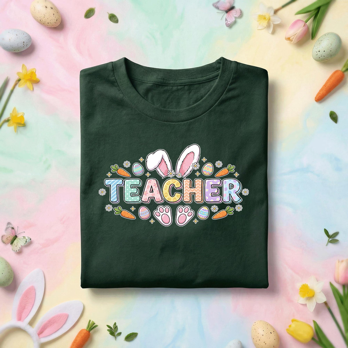 Easter Teacher Shirt Bunny Ears Teacher Tee Cute Spring Teacher Gift Pastel Easter Eggs Carrots Teacher T Shirt School Holiday Apparel