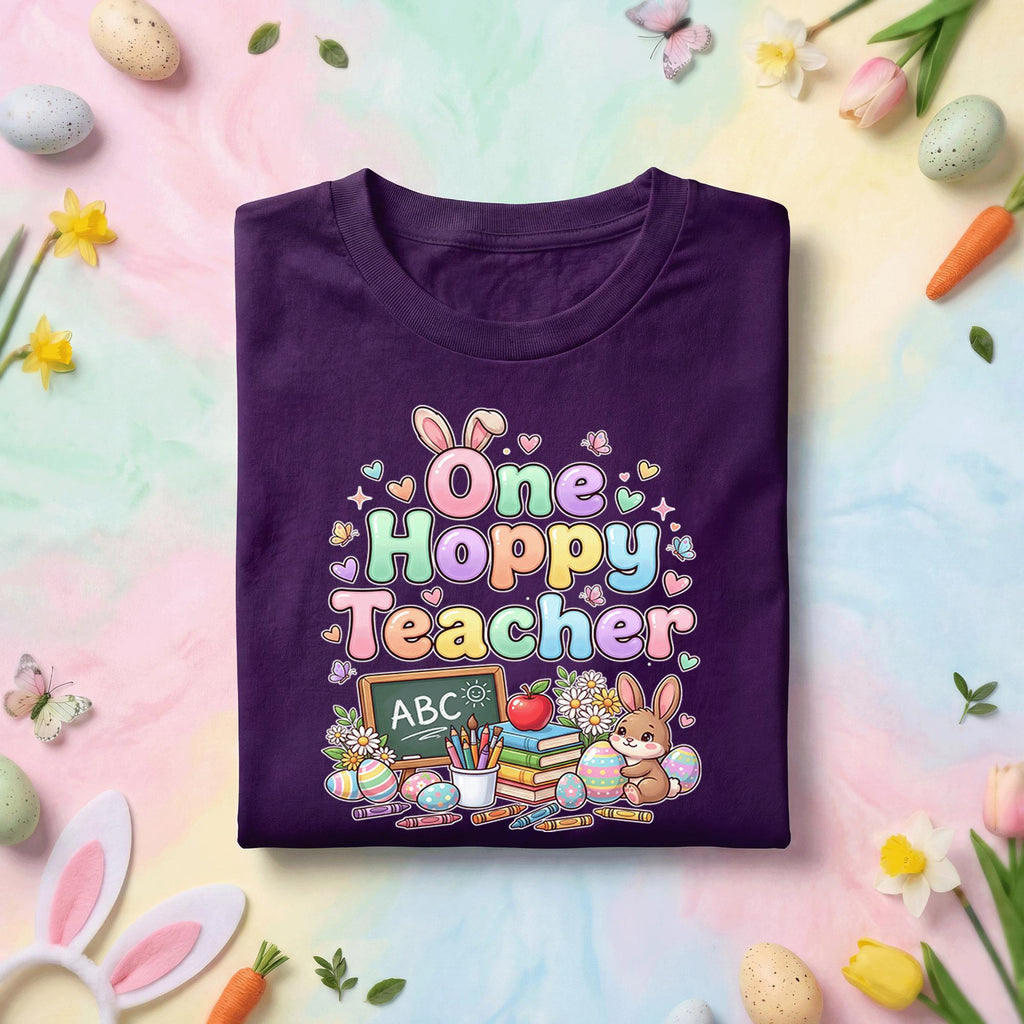 One Hoppy Teacher Easter Shirt Cute Bunny Teacher Tee Funny Easter Teacher Gift Pastel Spring Classroom Teacher Shirt