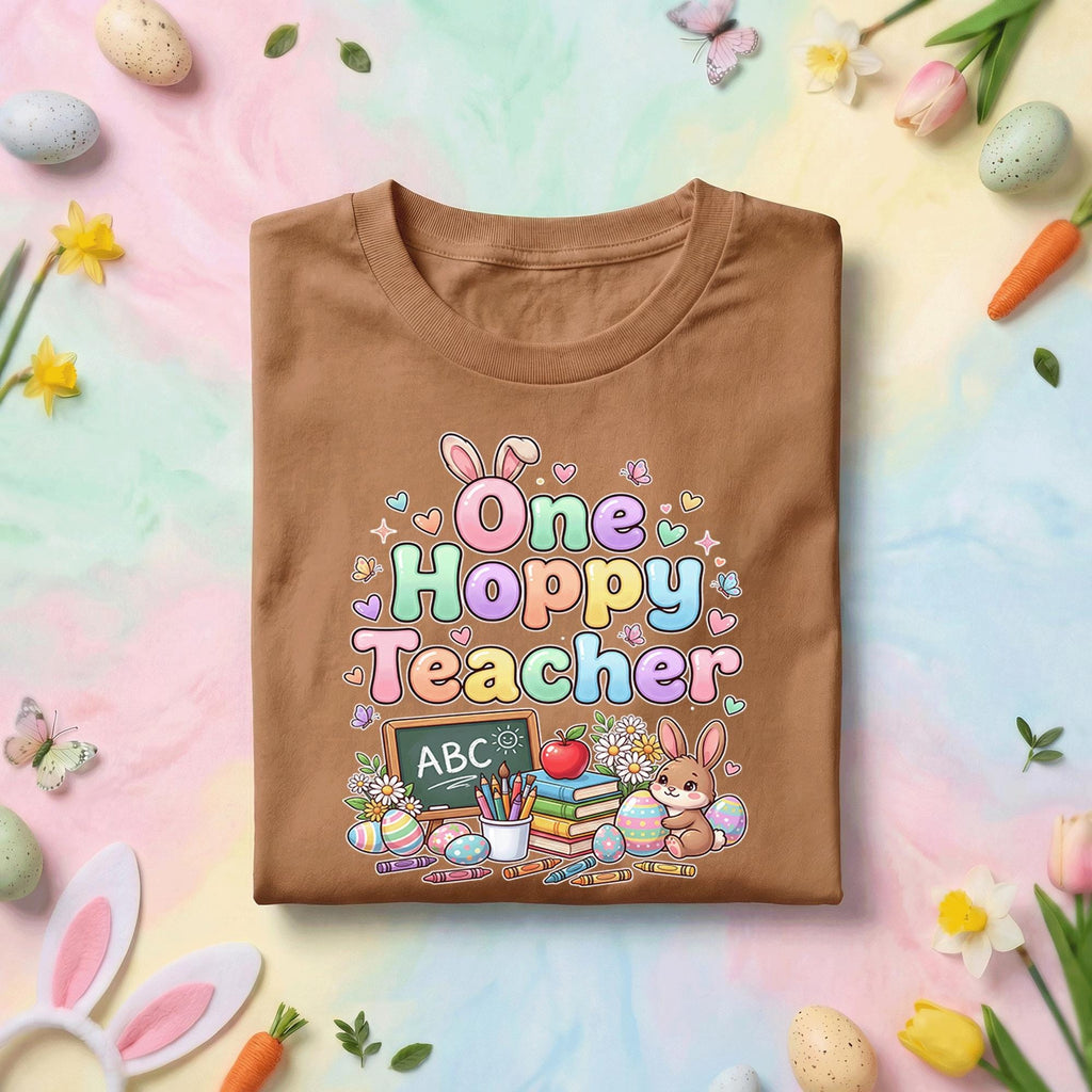 One Hoppy Teacher Easter Shirt Cute Bunny Teacher Tee Funny Easter Teacher Gift Pastel Spring Classroom Teacher Shirt