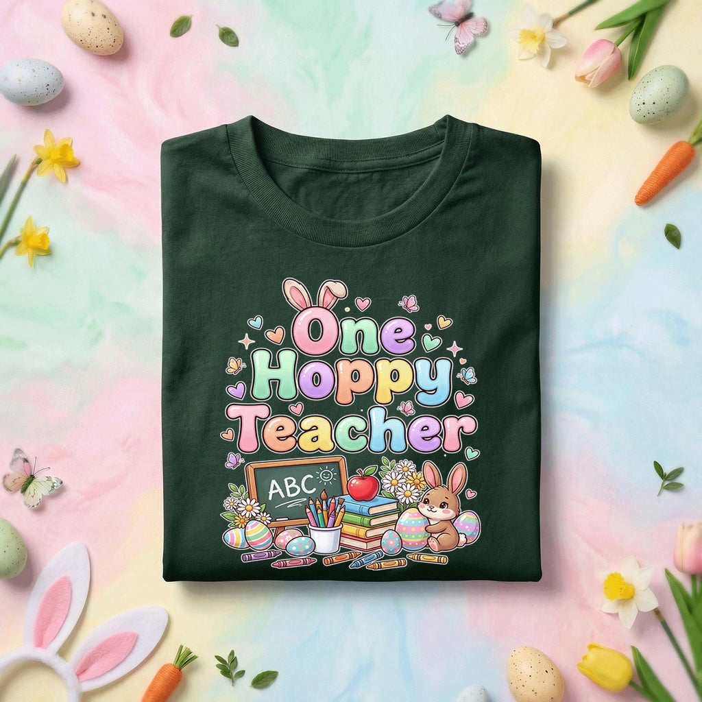 One Hoppy Teacher Easter Shirt Cute Bunny Teacher Tee Funny Easter Teacher Gift Pastel Spring Classroom Teacher Shirt