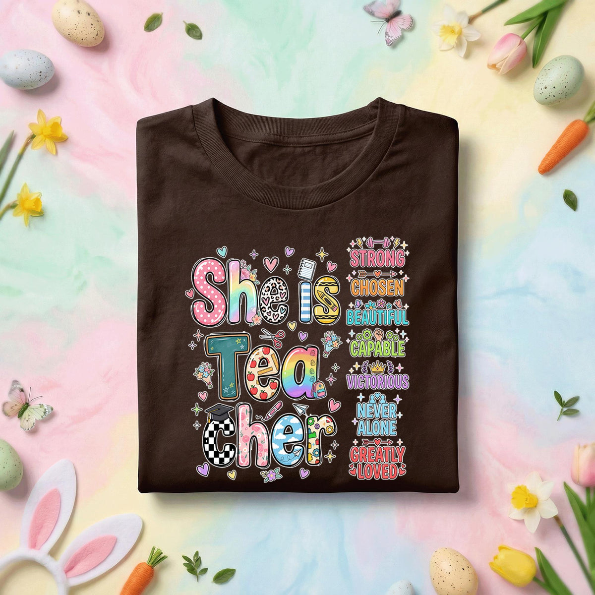 She Is Tea Cher Teacher Shirt Inspirational Teacher Appreciation Gift Cute Retro Teacher Tee Strong Chosen Beautiful ...