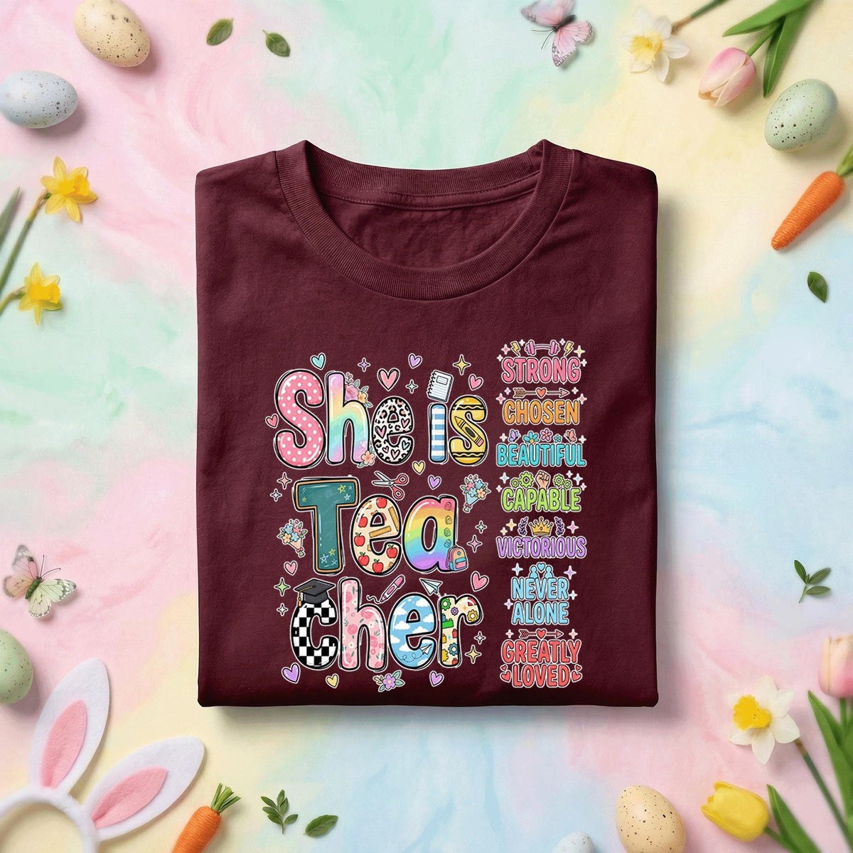She Is Tea Cher Teacher Shirt Inspirational Teacher Appreciation Gift Cute Retro Teacher Tee Strong Chosen Beautiful Teacher Shirt