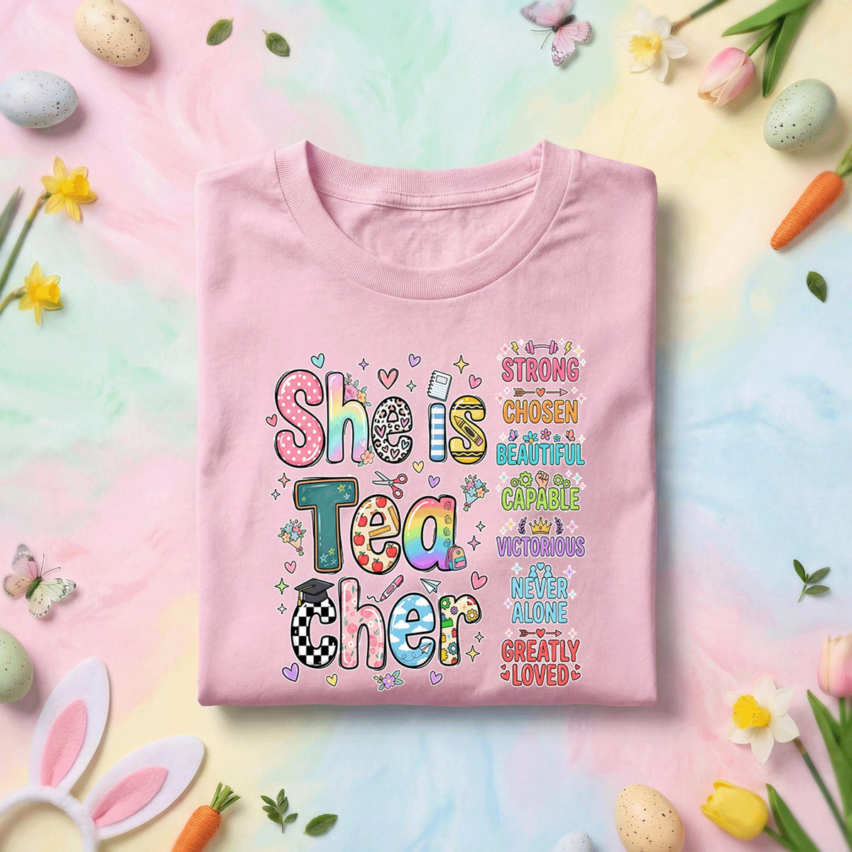 She Is Tea Cher Teacher Shirt Inspirational Teacher Appreciation Gift Cute Retro Teacher Tee Strong Chosen Beautiful Teacher Shirt