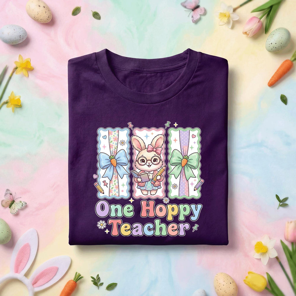 One Hoppy Teacher Easter Shirt Cute Bunny Teacher Tee Pastel Easter Classroom Shirt Funny Teacher Easter Gift Spring Teacher Shirt