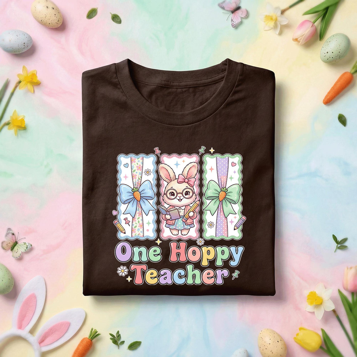 One Hoppy Teacher Easter Shirt Cute Bunny Teacher Tee Pastel Easter Classroom Shirt Funny Teacher Easter Gift Spring Teacher Shirt