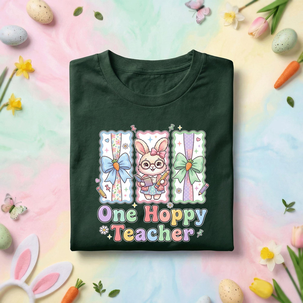 One Hoppy Teacher Easter Shirt Cute Bunny Teacher Tee Pastel Easter Classroom Shirt Funny Teacher Easter Gift Spring Teacher Shirt