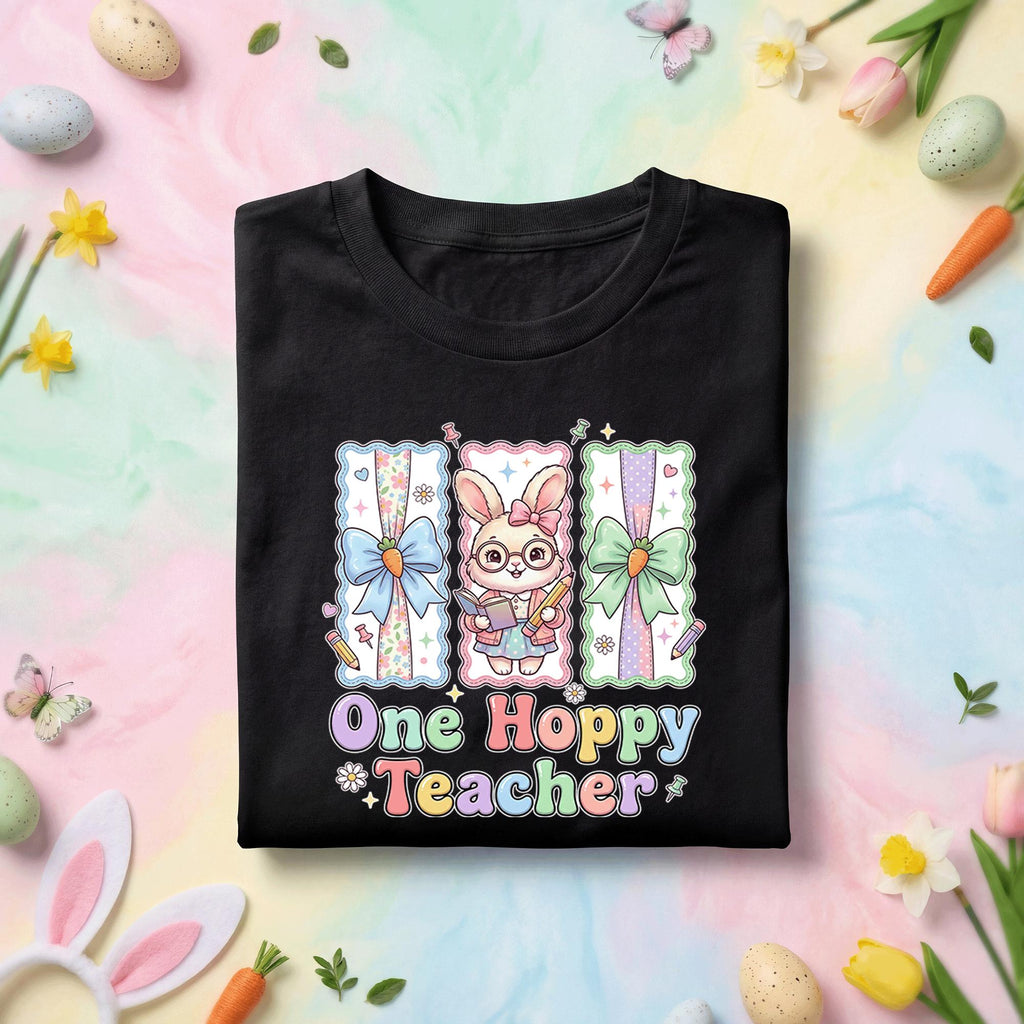 One Hoppy Teacher Easter Shirt Cute Bunny Teacher Tee Pastel Easter Classroom Shirt Funny Teacher Easter Gift Spring ...