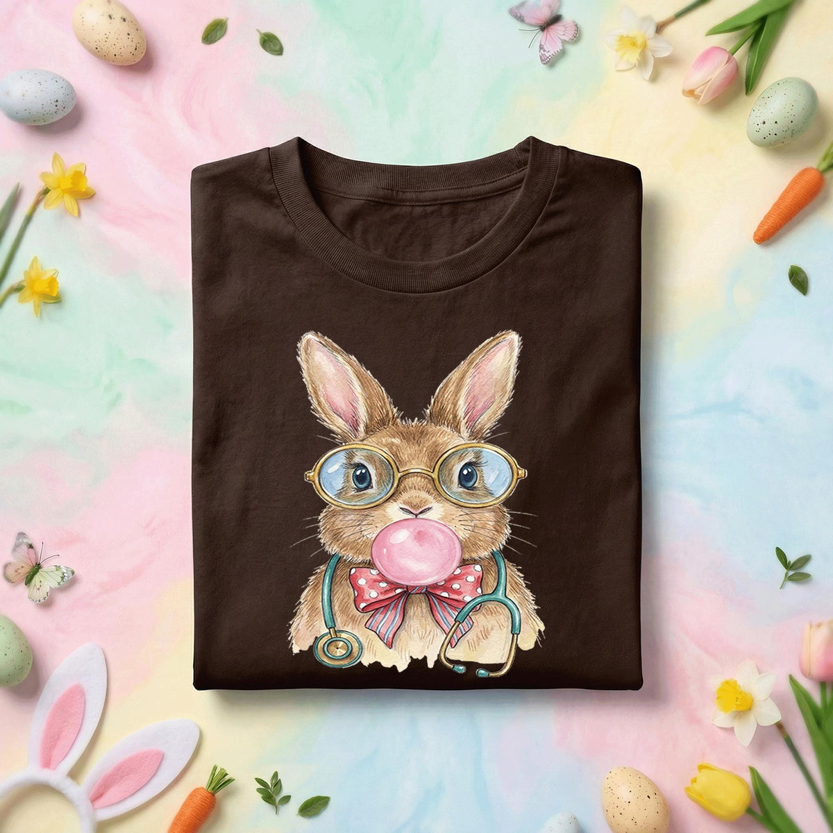 Cute Bunny Nurse Shirt with Glasses and Stethoscope - Easter Nurse Gift