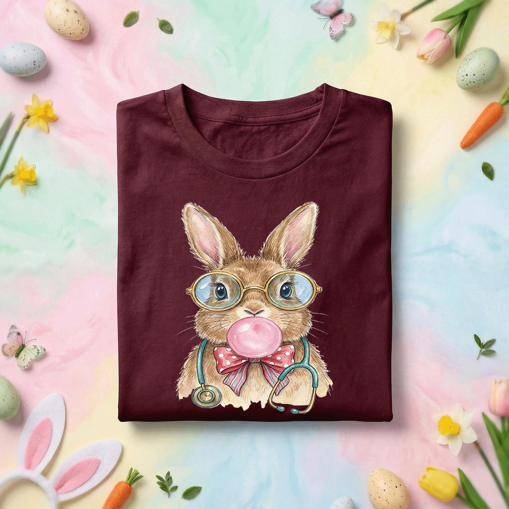 Cute Bunny Nurse Shirt with Glasses and Stethoscope - Easter Nurse Gift