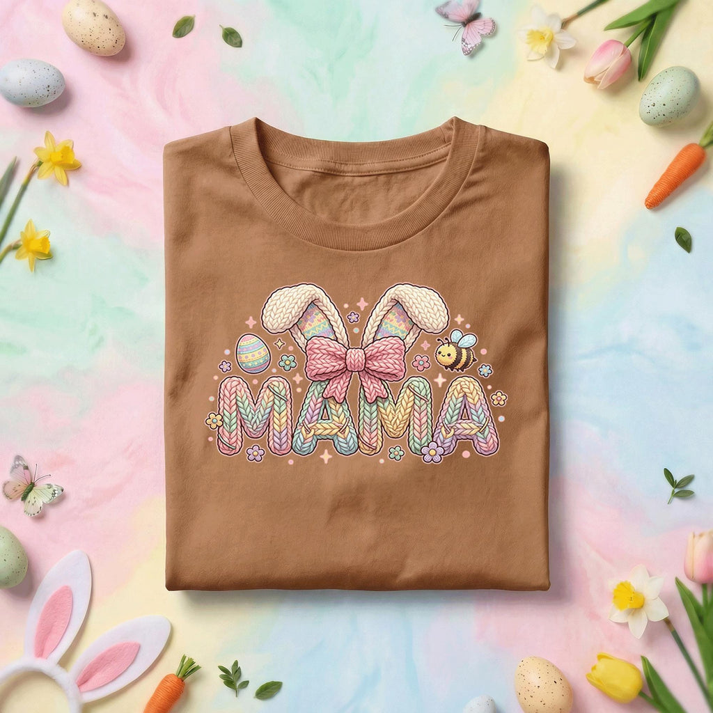 Pastel Mama Easter Bunny Shirt, Cute Spring Mom Graphic Tee, Knit Pattern Bunny Ears, Easter Egg & Bee Mother's Day Gift Top