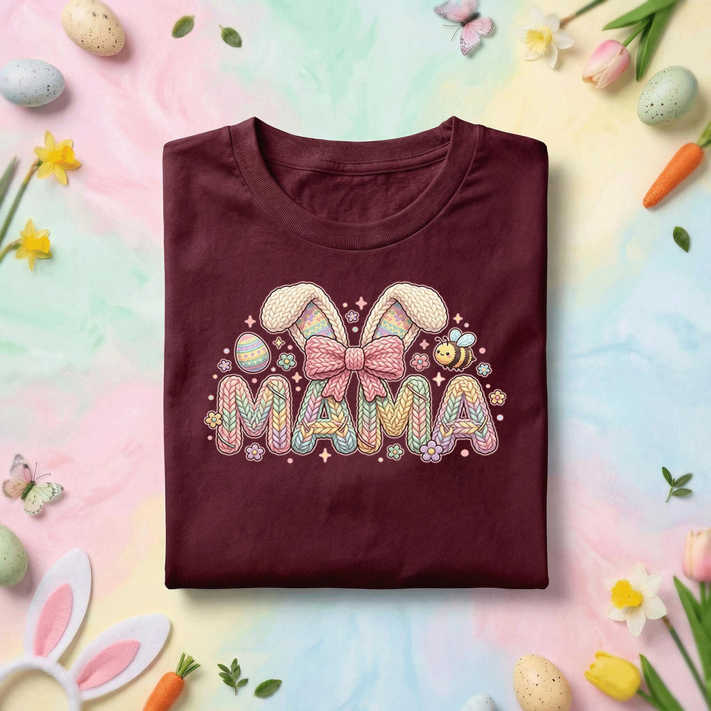 Pastel Mama Easter Bunny Shirt, Cute Spring Mom Graphic Tee, Knit Pattern Bunny Ears, Easter Egg & Bee Mother's Day Gift Top
