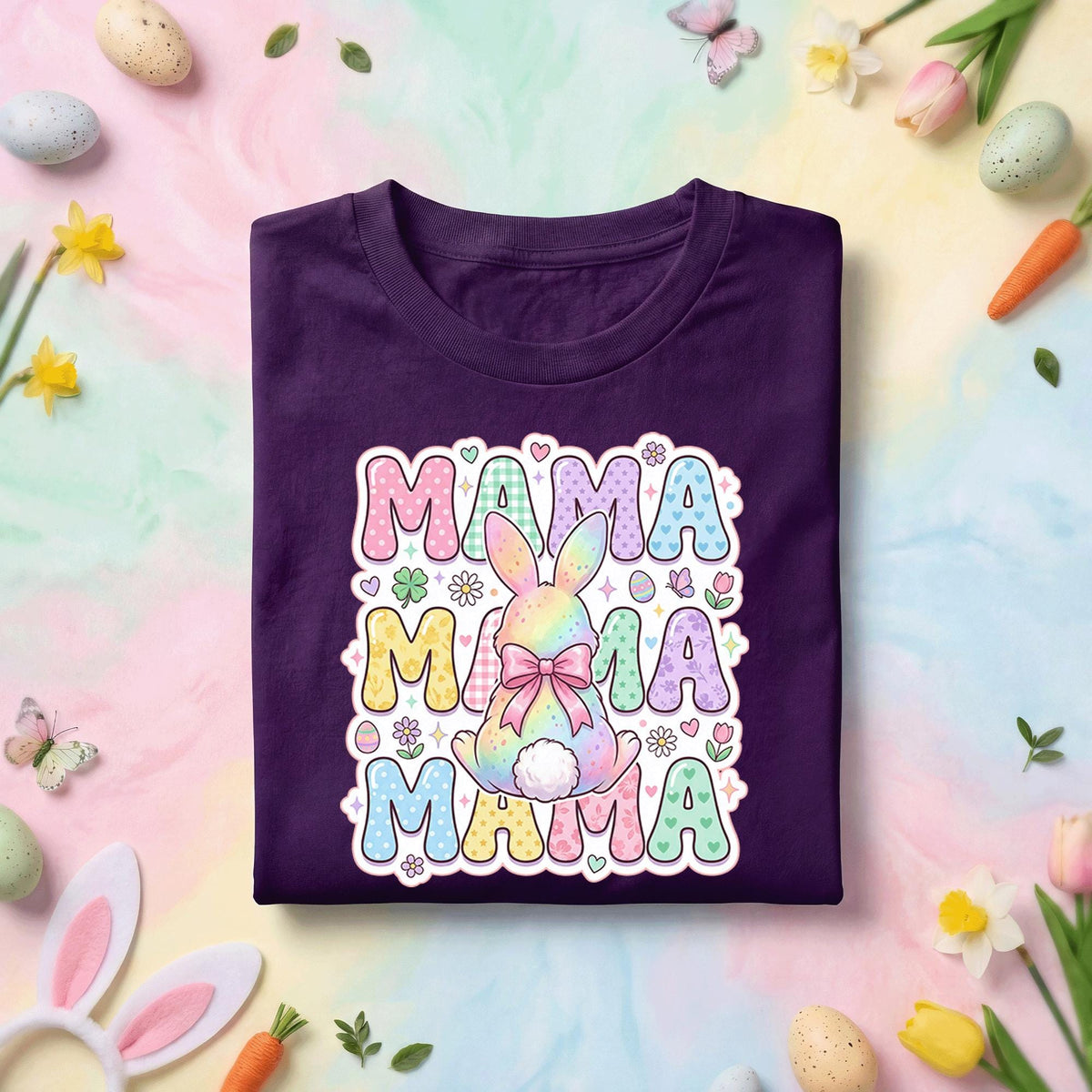 Pastel Mama Easter Bunny Shirt, Cute Spring Mom Graphic Tee, Rainbow Bunny & Easter Egg Mother's Day Gift Top