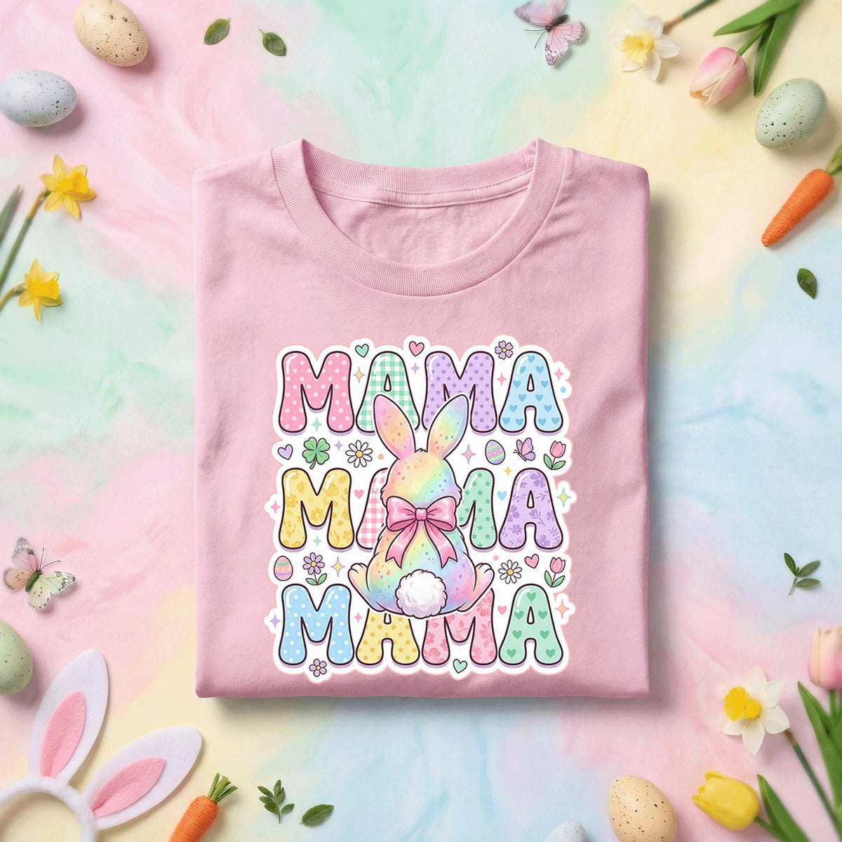 Pastel Mama Easter Bunny Shirt, Cute Spring Mom Graphic Tee, Rainbow Bunny & Easter Egg Mother's Day Gift Top
