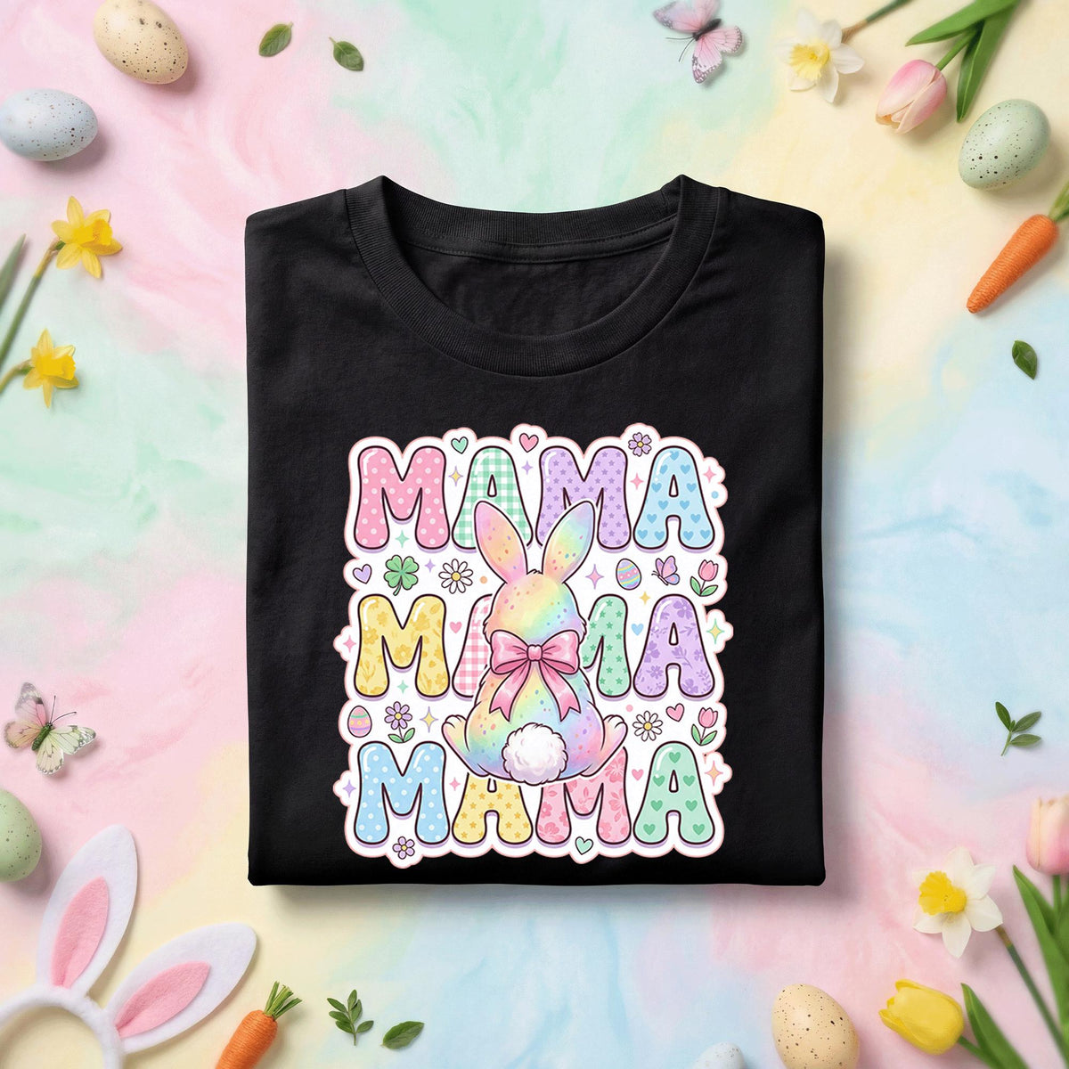 Pastel Mama Easter Bunny Shirt, Cute Spring Mom Graphic Tee, Rainbow Bunny & Easter Egg Mother's Day Gift Top
