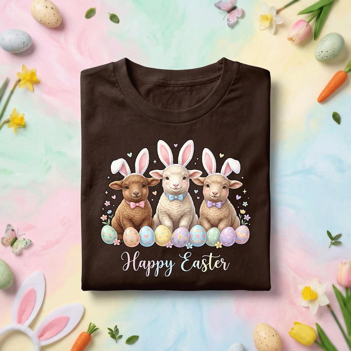 Happy Easter Lambs Shirt, Cute Bunny Ears Baby Sheep Easter Tee, Pastel Spring Holiday Easter Top