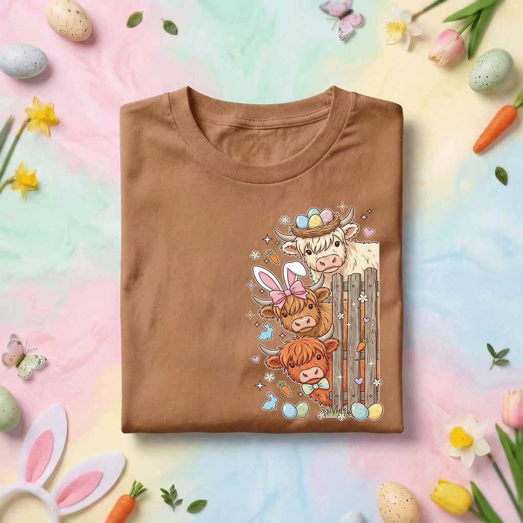 Easter Highland Cows Shirt Farmer, Cute Bunny Ears Cow Easter Tee, Pastel Spring Holiday Farm Animal Top