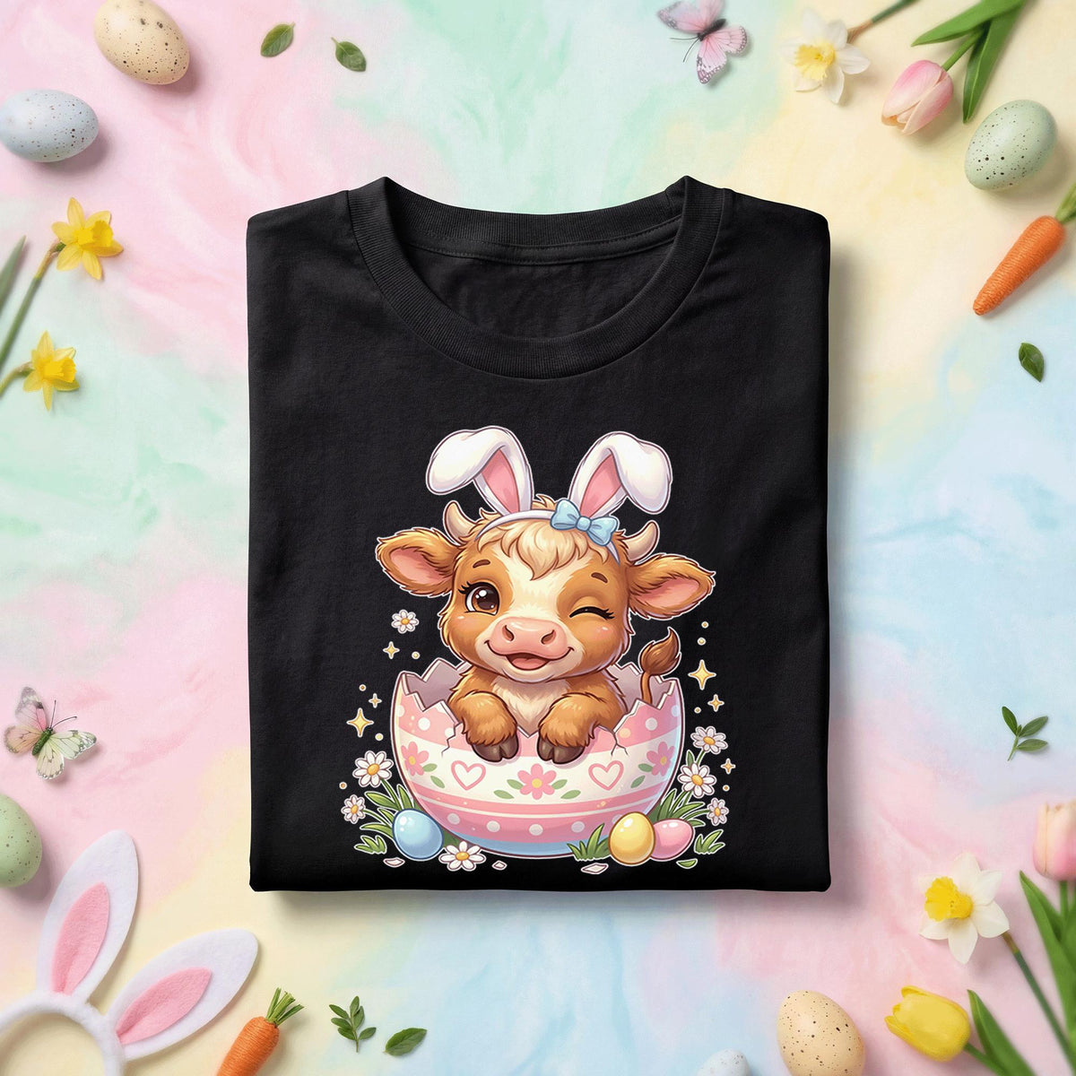 Easter Baby Cow Shirt, Cute Bunny Ears Calf in Egg Easter Tee, Pastel Spring Holiday Animal Top