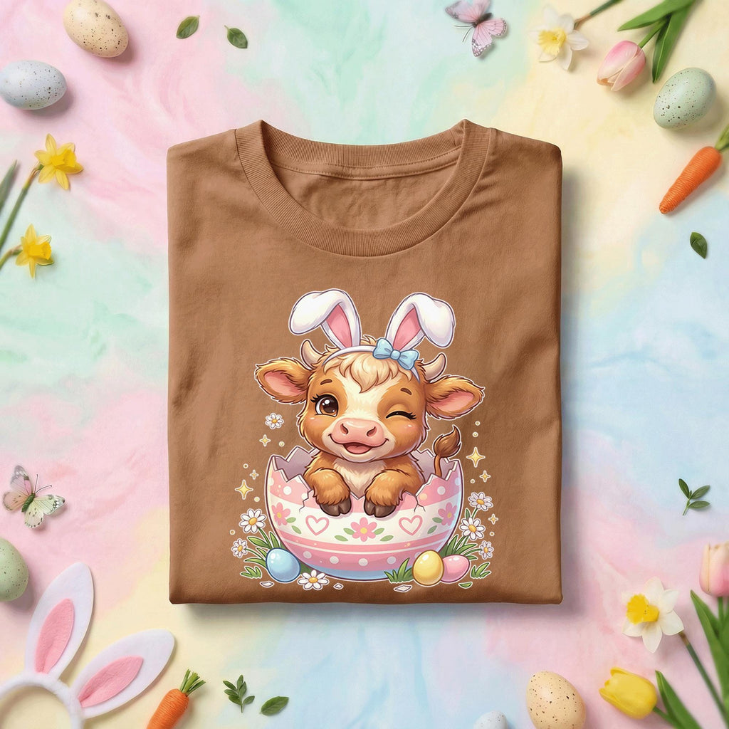 Easter Baby Cow Shirt, Cute Bunny Ears Calf in Egg Easter Tee, Pastel Spring Holiday Animal Top