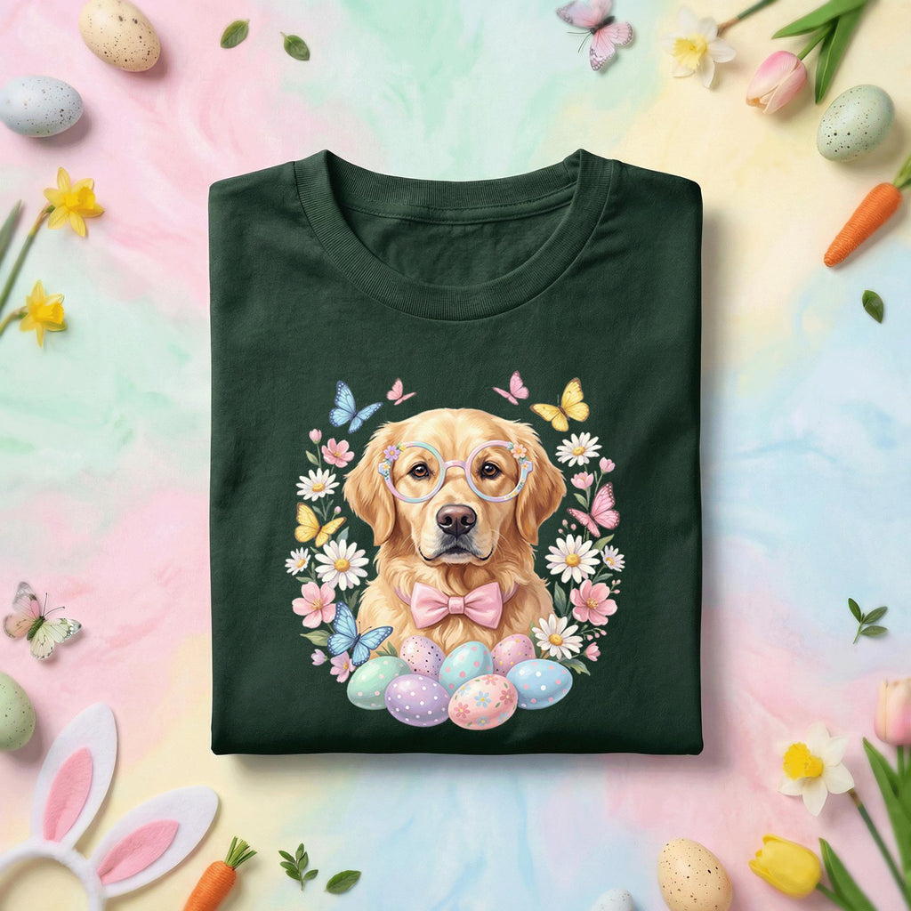 Easter Golden Retriever Shirt, Cute Spring Dog Easter Tee, Pastel Flowers and Eggs Holiday Top