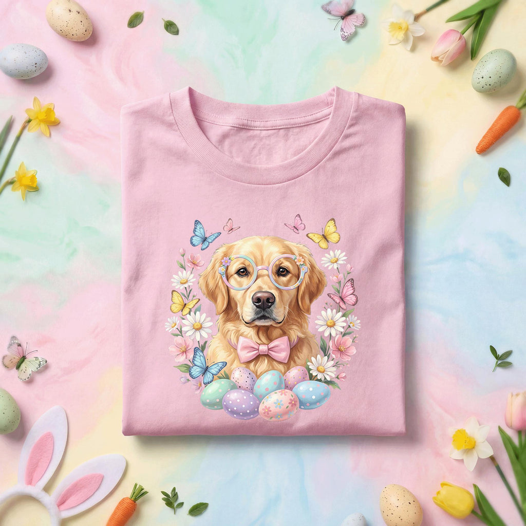 Easter Golden Retriever Shirt, Cute Spring Dog Easter Tee, Pastel Flowers and Eggs Holiday Top