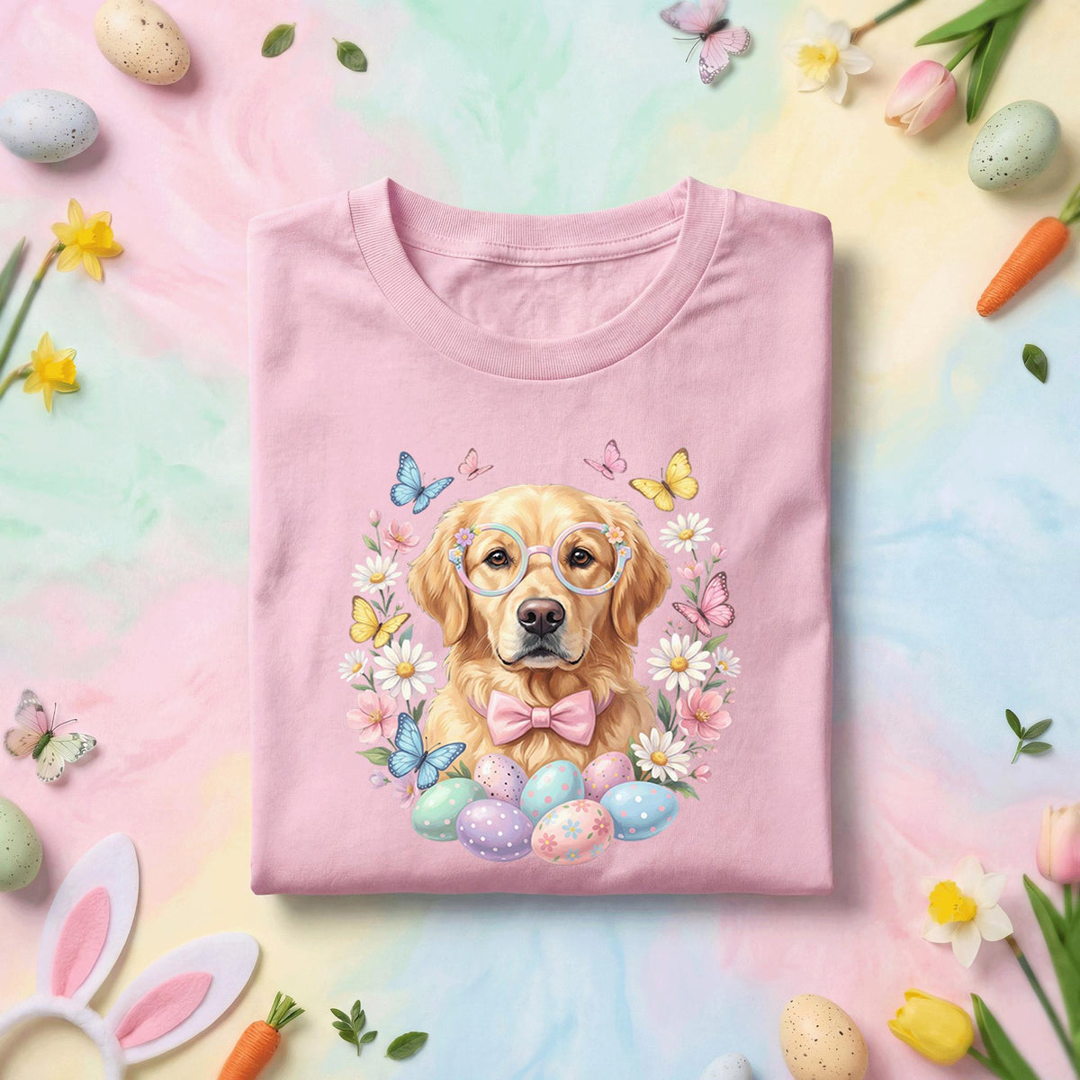 Easter Golden Retriever Shirt, Cute Spring Dog Easter Tee, Pastel Flowers and Eggs Holiday Top