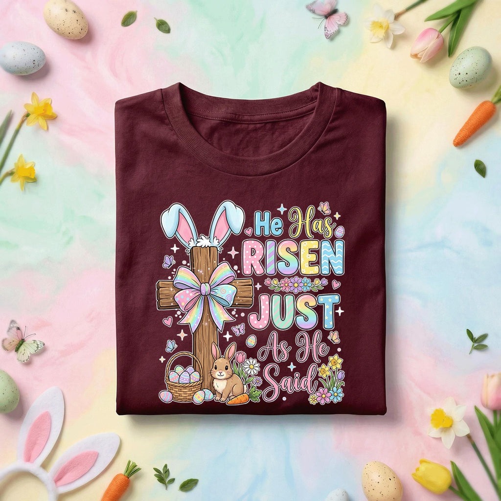 He Has Risen Just As He Said Easter Shirt with Cross, Bunny, Flowers and Bible Inspired Spring Tee