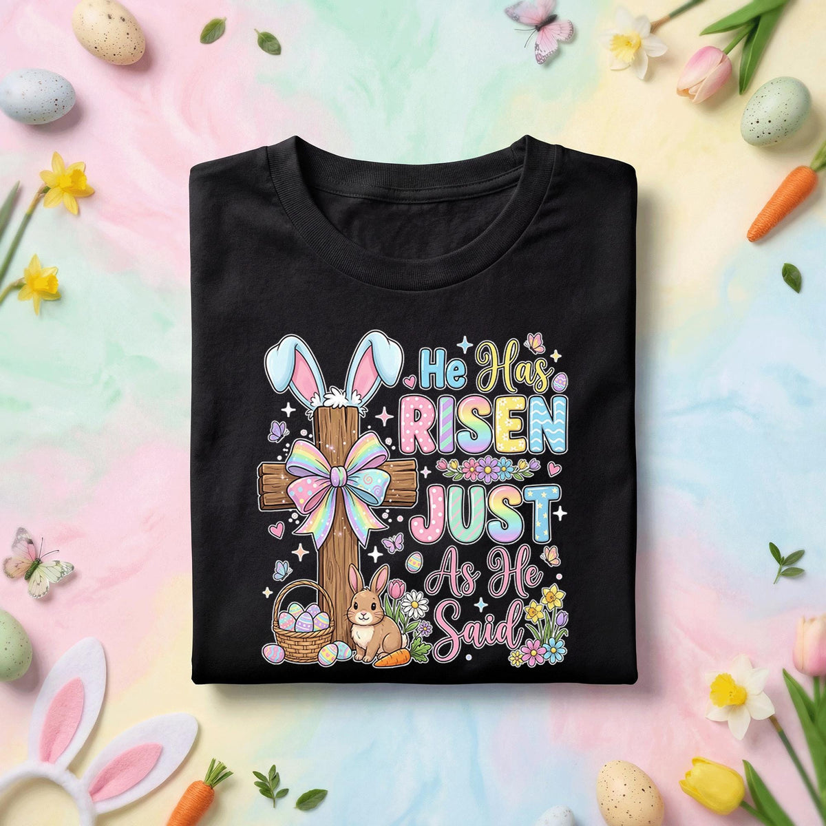 He Has Risen Just As He Said Easter Shirt with Cross, Bunny, Flowers and Bible Inspired Spring Tee