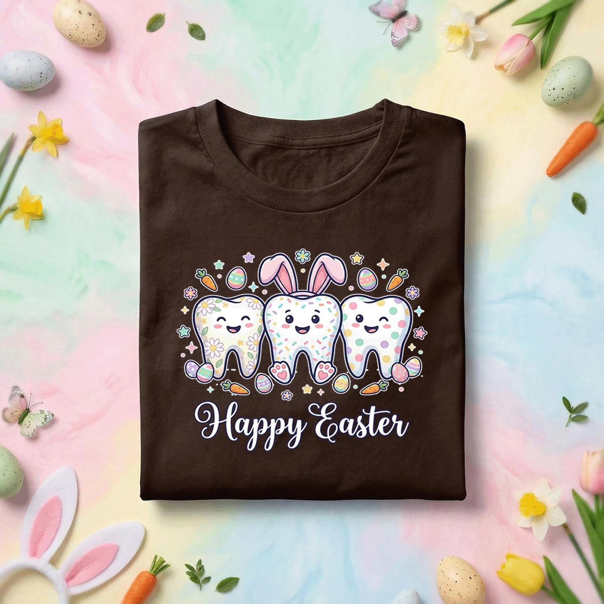 Happy Easter Dentist Shirt with Cute Cartoon Teeth, Bunny Ears, Dental Easter Eggs and Carrots for Kids and Adults