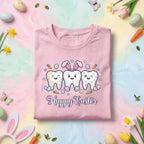 Happy Easter Dentist Shirt with Cute Cartoon Teeth, Bunny Ears, Dental Easter Eggs and Carrots for Kids and Adults