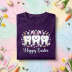 Happy Easter Dentist Shirt with Cute Cartoon Teeth, Bunny Ears, Dental Easter Eggs and Carrots for Kids and Adults