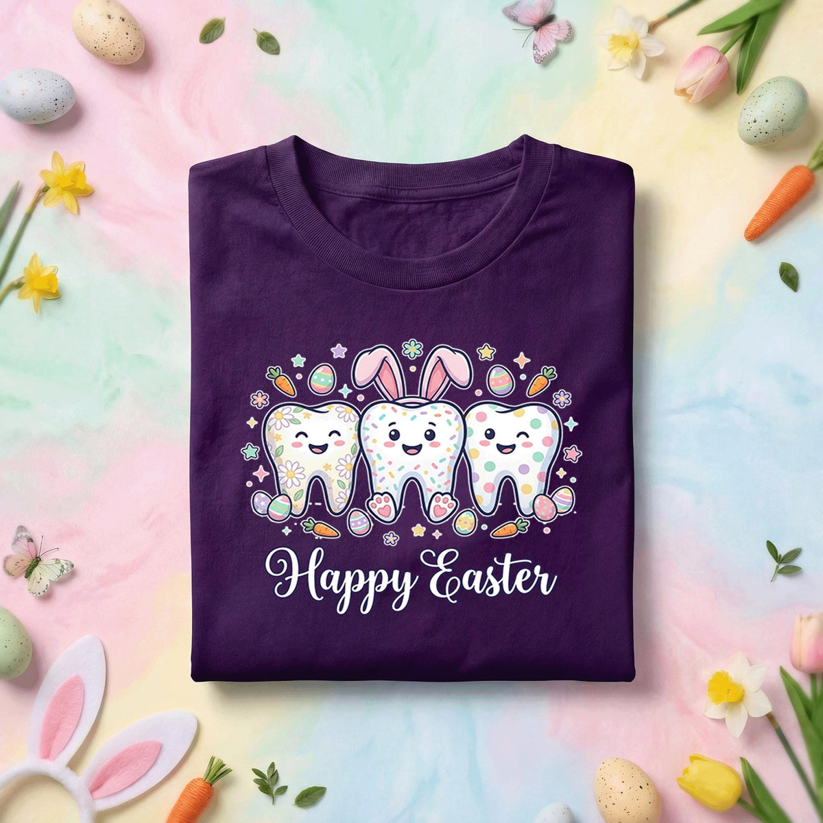 Happy Easter Dentist Shirt with Cute Cartoon Teeth, Bunny Ears, Dental Easter Eggs and Carrots for Kids and Adults