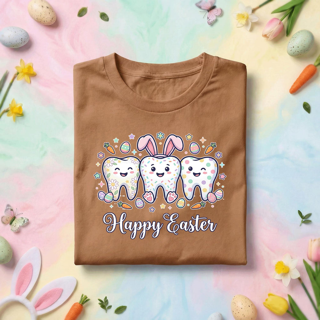 Happy Easter Dentist Shirt with Cute Cartoon Teeth, Bunny Ears, Dental Easter Eggs and Carrots for Kids and Adults