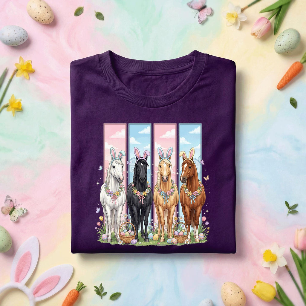 Easter Horse Shirt with Four Horses Wearing Bunny Ears, Floral Garland and Easter Eggs for Kids and Adults