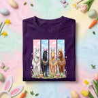 Easter Horse Shirt with Four Horses Wearing Bunny Ears, Floral Garland and Easter Eggs for Kids and Adults