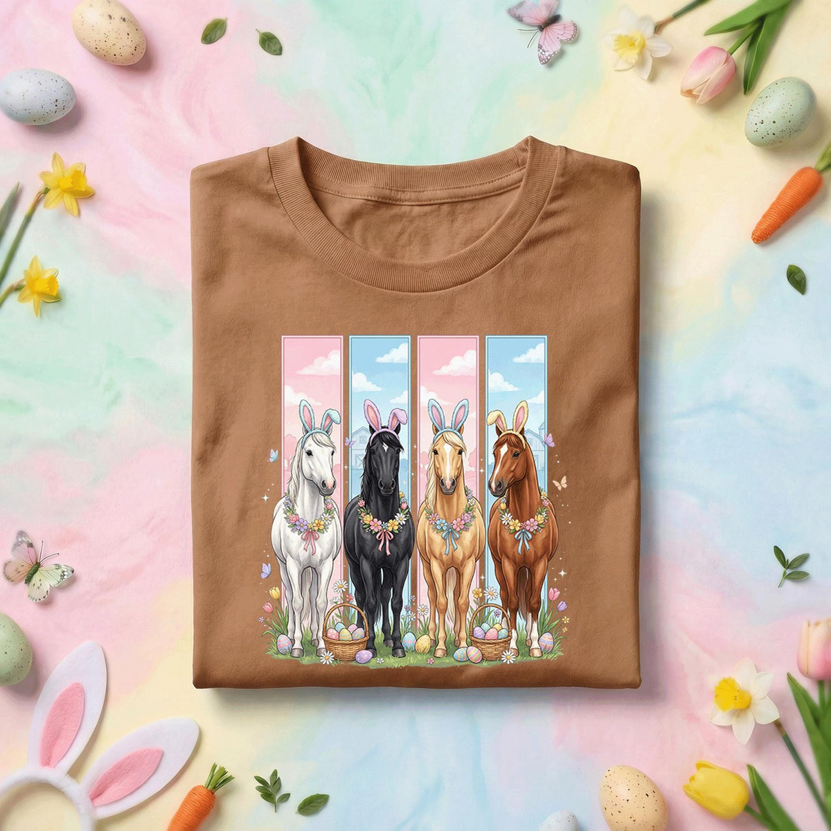 Easter Horse Shirt with Four Horses Wearing Bunny Ears, Floral Garland and Easter Eggs for Kids and Adults