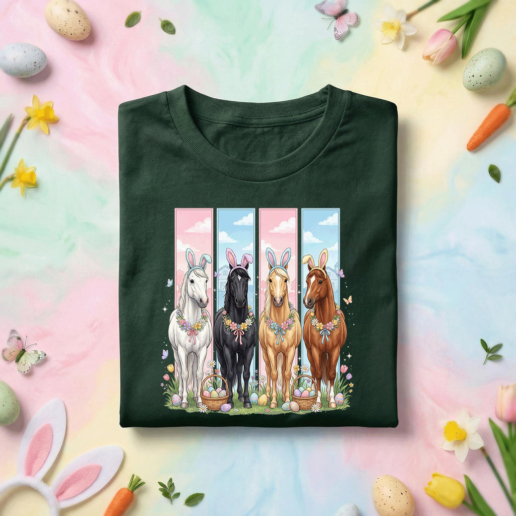 Easter Horse Shirt with Four Horses Wearing Bunny Ears, Floral Garland and Easter Eggs for Kids and Adults